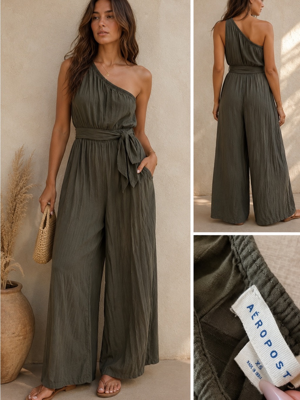 Aeropostale Olive One-Shoulder Wide-Leg Jumpsuit with Self-Tie Belt